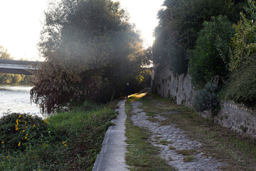 A mysterious, atmospheric scene of a person walking into the sunset on an overgrown riverside trail. The image evokes feelings of journey, solitude, and hope.