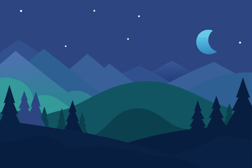 Naklejka premium Night landscape with mountains moon and pine trees