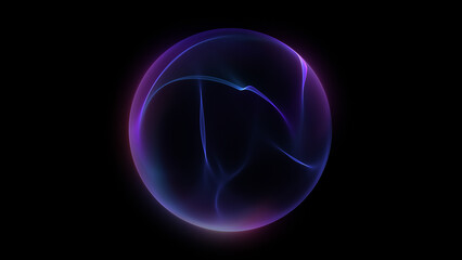 Flexible wavy sphere in blue and purple tones, swirling undulating motion of a dim glowing orb, abstract futuristic background symbolizing technology, science, engineering, and artificial intelligence