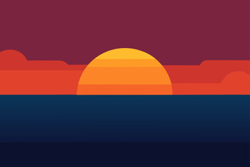 Illustration of sunset over the ocean with clouds