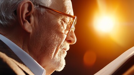 Senior Man Reading in Golden Light, Wrinkled Skin Detail, Eyeglasses