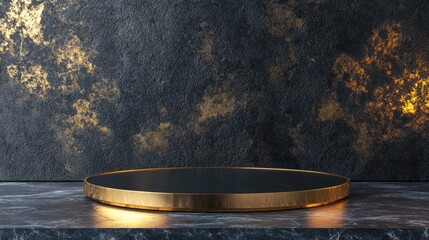 Dark gold platform on marble, textured wall background; product display