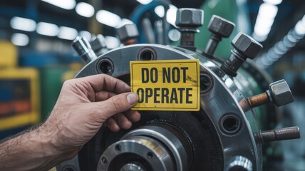 Safety training workplace routine concept. A hand places a warning sign on a machine in an industrial setting.