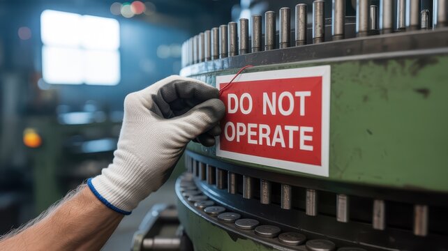Safety training workplace routine concept. Close-up of a hand adjusting a warning label on industrial machinery.