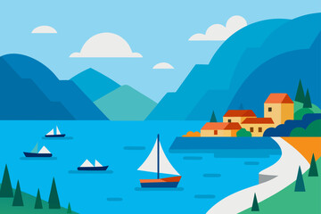 Scenic coastal view with boats and buildings near sea