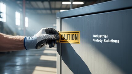 Safety training workplace routine concept. A hand places a caution sign on an industrial safety cabinet in a well-lit workspace.