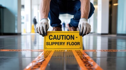 Safety training workplace routine concept. Worker placing a caution sign on a slippery floor in a public space.