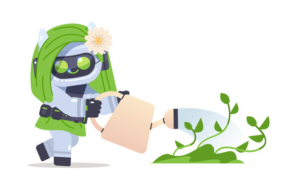 Cute female robot with green hair concerned about environment. Cyborg watering young shoots on isolated background