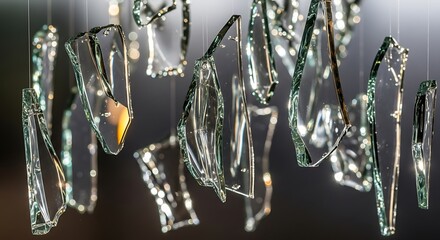 Suspended clear glass shards, an abstract artwork with delicate textures