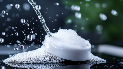 Water Cascading Over Foamy Soap Bar, Creating Bubbles and Splashes in a Dark Setting