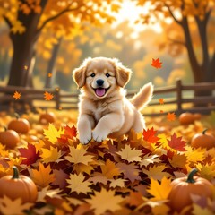 Cute Golden Puppy Playing in Autumn Leaves with Pumpkins and Warm Sunset Light, Generated AI