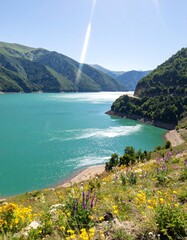 Turquoise lake nestled in a mountain valley