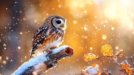 Winter's Gaze: Saw-whet Owl Perched on Snowy Branch in Golden Light