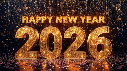 Golden Happy New Year 2026 Text with Sparkling Bokeh Celebration Background