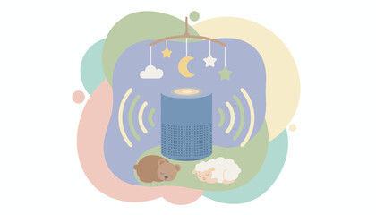Smart speaker plays soothing sounds for sleeping bear and sheep under a baby mobile Nursery tech concept