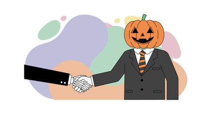 Pumpkinheaded business person shakes hands with a skeleton unusual professional partnership