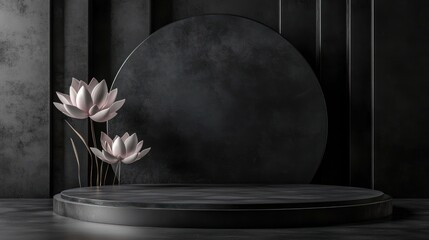 Dark minimalist product display with lotus flowers
