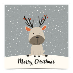 Merry Christmas - cute greeting card, postcard, invitation with an adorable reindeer on a snowy blue background with snowflakes, vector illustration