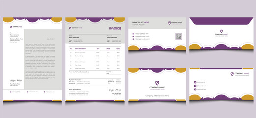 Editable clean minimal elegant creative modern company business card letterhead invoice envelope corporate brand branding identity stationery template design purple orange gray colors.