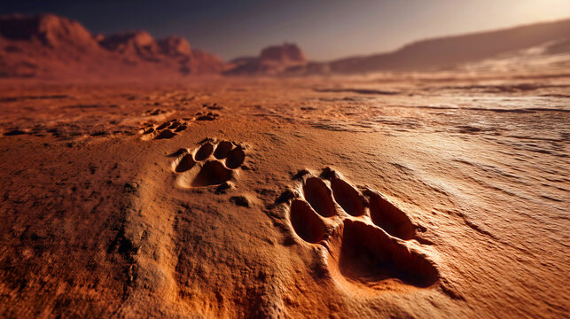 A trail of mysterious animal footprints on Mars, a strange discovery in a vast and desolate desert landscape, a science fiction concept of an alien creature or a hunt.