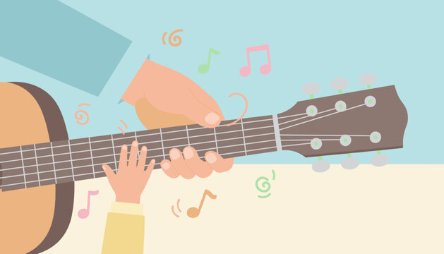Adult teaching child to play guitar fostering musical learning and creativity