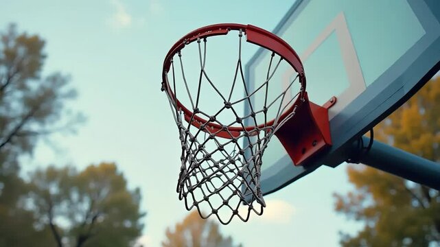 A high basketball hoop with a white net and a backboard stands against a clear blue sky, ready for a game on the outdoor court 4k natural High-Quality Sports video Footage