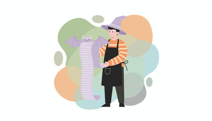 Person in witch hat holds a happy bat scroll Halloween checklist or seasonal concept