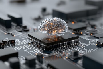 Glowing brain hologram hovers over microchip on circuit board, symbolizing advanced neuromorphic computing technology. image conveys innovation and futuristic concepts
