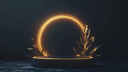 Elegant gold leaves on dark product display platform