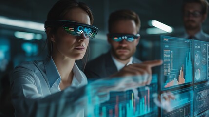 Team of professionals wearing augmented reality glasses analyzes futuristic digital data displays in modern office. atmosphere is focused and high tech