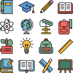 Collection of educational icons featuring books graduation cap pencil globe atom light bulb and backpack