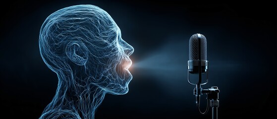 Digital holographic head silhouette emits light while speaking into vintage microphone, symbolizing futuristic voice AI technology. scene is set against dark background, highlighting glowing lines