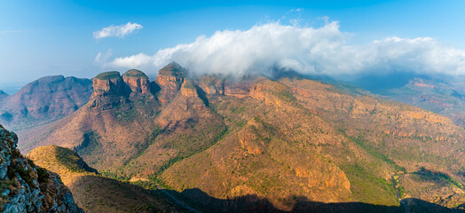 A panorama view towards three Rondavels in Blyde River Canyon, Mpumalanga, South Africa in Springtime