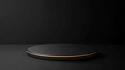 Black circular podium, gold trim, dark background, product display