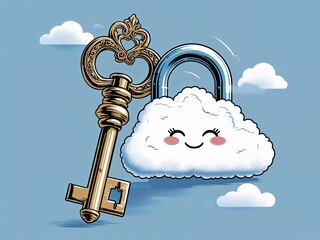 Cloud Computing and Data Access Concept — Ornate Key Unlocking a Cloud