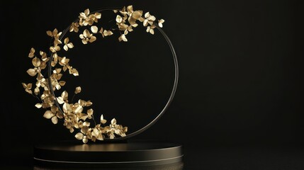 Golden leaves circle frame, black background, elegant, product display