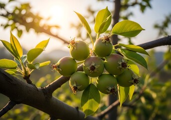 Unripe pears on branch with leaves in the sun light, close-up shot