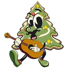 cute christmas tree cookie mascot cartoon character with moustache playing guitar, vector illustration isolated, work of hand drawn