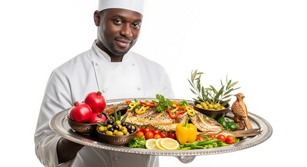 Black awareness day chef presenting gourmet fish dish with pomegranates and olives on silver platter food photography studio shot