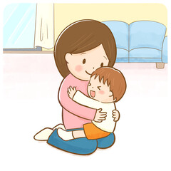 Mother and child hugging in living room illustration / リビングでハグする親子のイラスト
