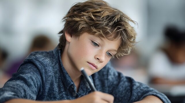 A young boy with blond hair focuses intently while writing at his desk in a classroom setting
