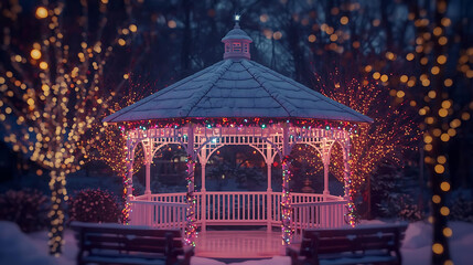 Red Christmas Pavilion Illuminated by Festive Golden Lights in Winter Night