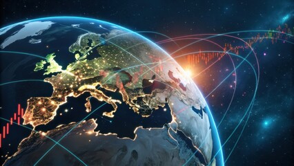 Illuminated Globe with Glowing Financial Data Streams