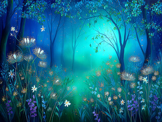 a forest scene with vibrant blue, green, and purple hues, depicting an enchanting natural landscape