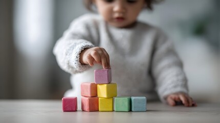 A young child s hands carefully stacking colorful wooden blocks on a table engaged in early learning play