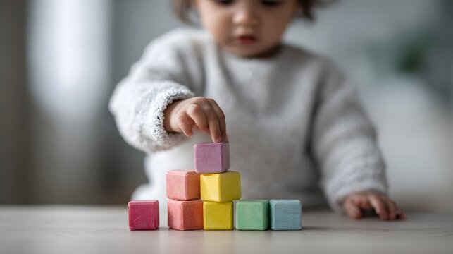 A young child s hands carefully stacking colorful wooden blocks on a table engaged in early learning play
