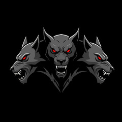 Ferocious Three-Headed Cerberus Wolf Vector Illustration with Piercing Red Eyes and Sharp Fangs