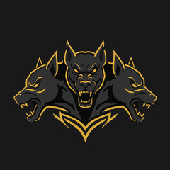 Fierce Three-Headed Cerberus Dog Vector Illustration with Golden Accents in Dark Esport Style