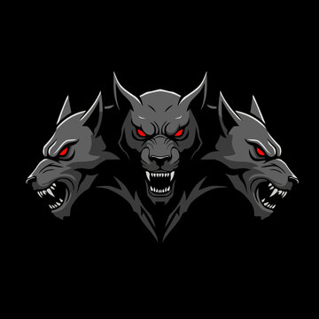 Ferocious Three-Headed Cerberus Wolf Vector Illustration with Piercing Red Eyes and Sharp Fangs