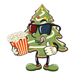 cute christmas tree cookie mascot cartoon character with a bucket of popcorn with wearing 3d glasses, vector illustration isolated, work of hand drawn